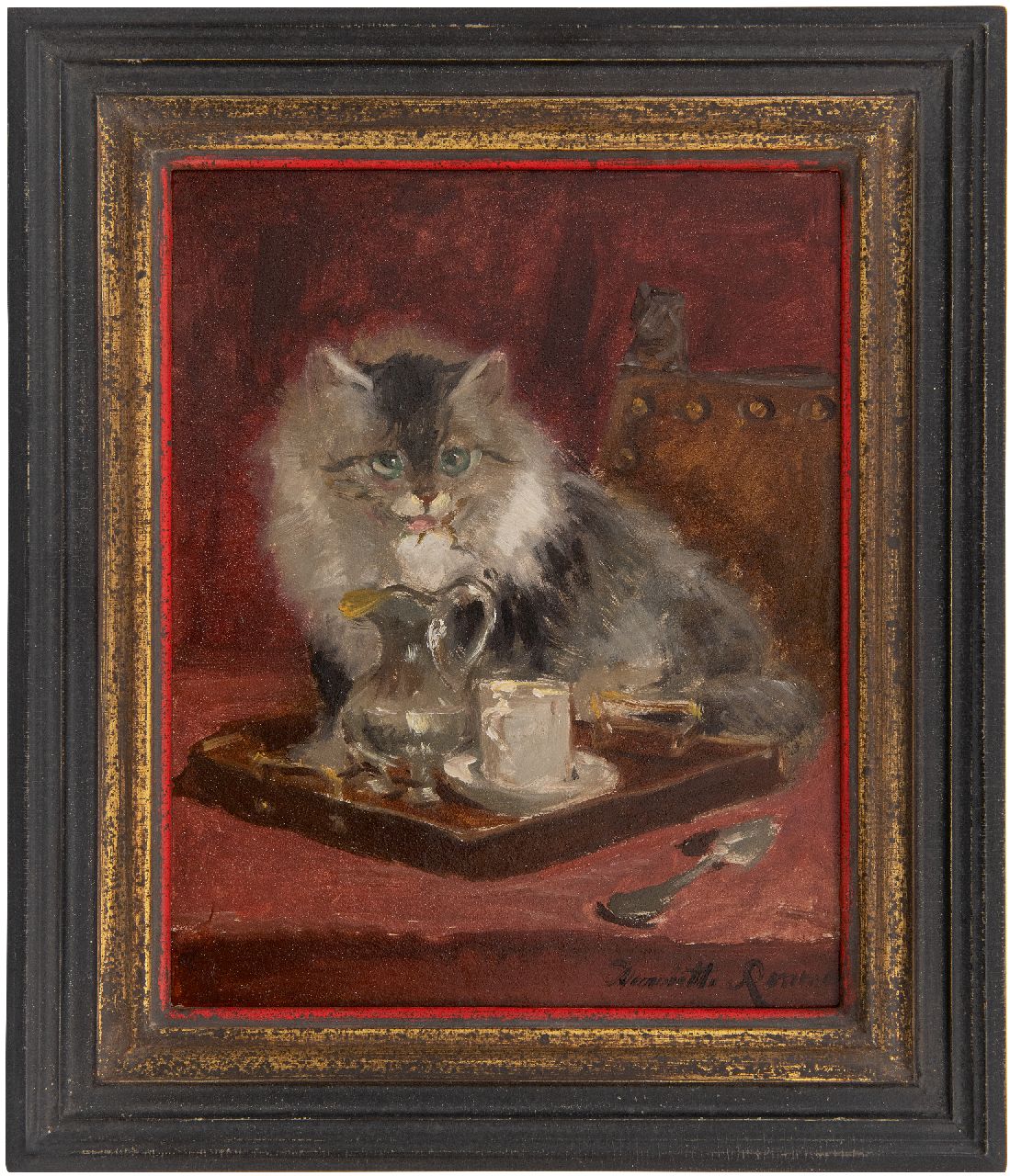 Ronner-Knip H.  | Henriette Ronner-Knip, Katze am Tablett mit Kanne und Tasse, Öl auf Malereifaser 31,9 x 25,6 cm, Unterzeichnet u.r.