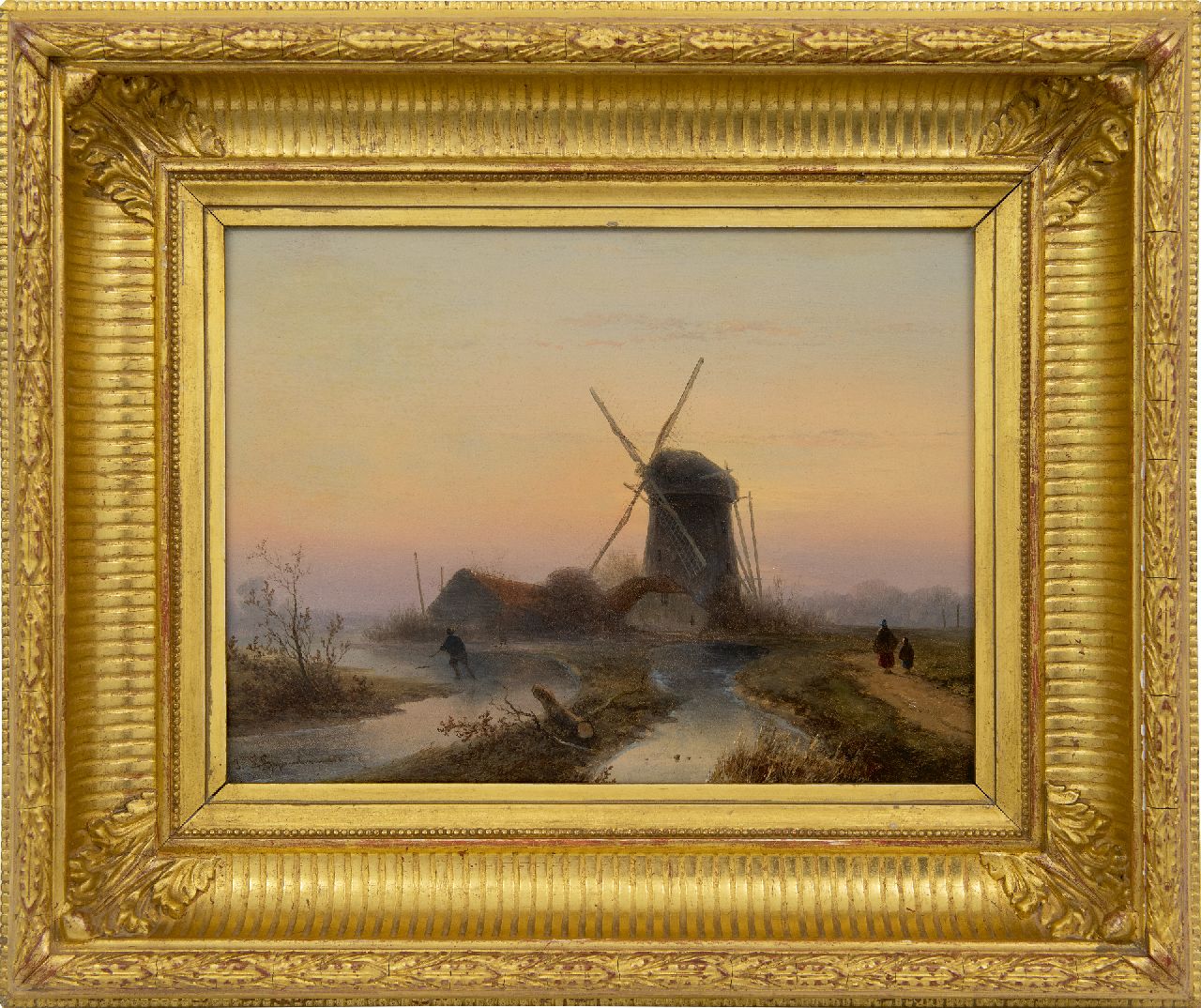 Hoppenbrouwers J.F.  | Johannes Franciscus Hoppenbrouwers, Windmühle am zugefrorenen Kanal, Öl auf Holz 24,0 x 32,1 cm, Unterzeichnet u.l.