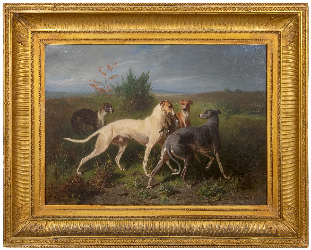 Cunaeus C.  | Conradijn Cunaeus, Jagdhunde mit Beute, Öl auf Leinwand 65,2 x 90,2 cm, Unterzeichnet u.r.
