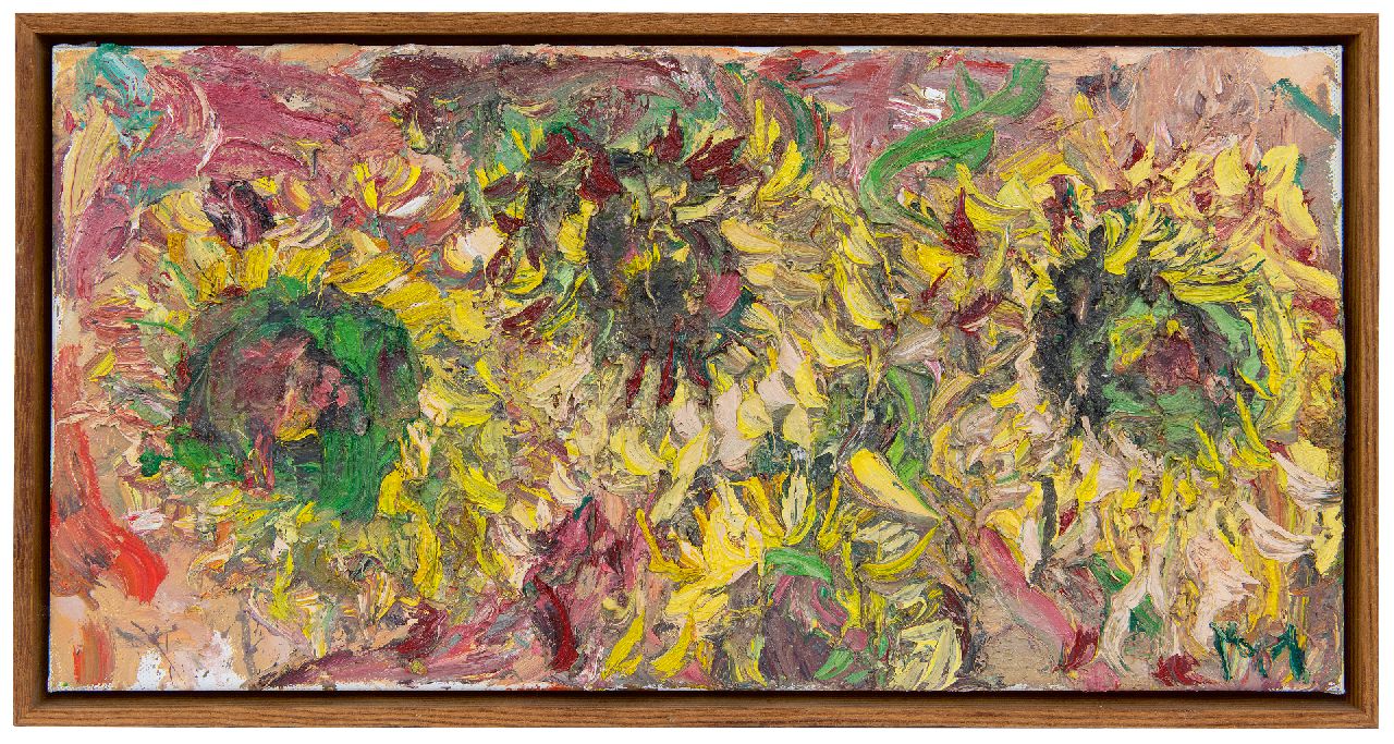 Mulders M.M.M.  | Marcus Martinus Maria 'Marc' Mulders | Gemälde zum Verkauf angeboten | Zonnebloemen Herfst II (Sonnenblumen Herbst II), Öl auf Leinwand 30,2 x 60,0 cm, Unterzeichnet im Verso und datiert im Verso sept. 97