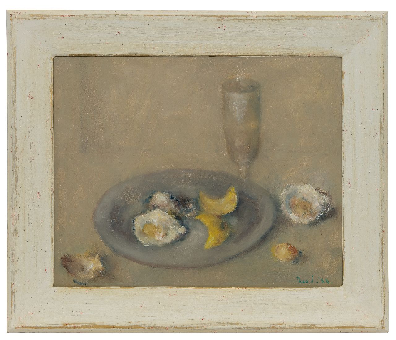 Swagemakers T.  | Theo Swagemakers, Stillleben mit Austern und Zitronenschalen auf einem Zinnteller, Öl auf Holz 39,5 x 49,4 cm, Unterzeichnet u.r. und datiert '88