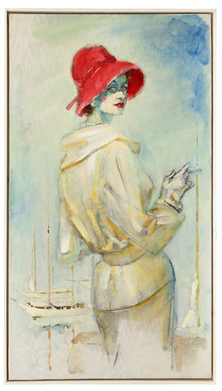 Kruizinga D.  | Dirk Kruizinga | Gemälde zum Verkauf angeboten | Modische Frau mit rotem Hut, Öl auf Leinwand 109,8 x 60,3 cm
