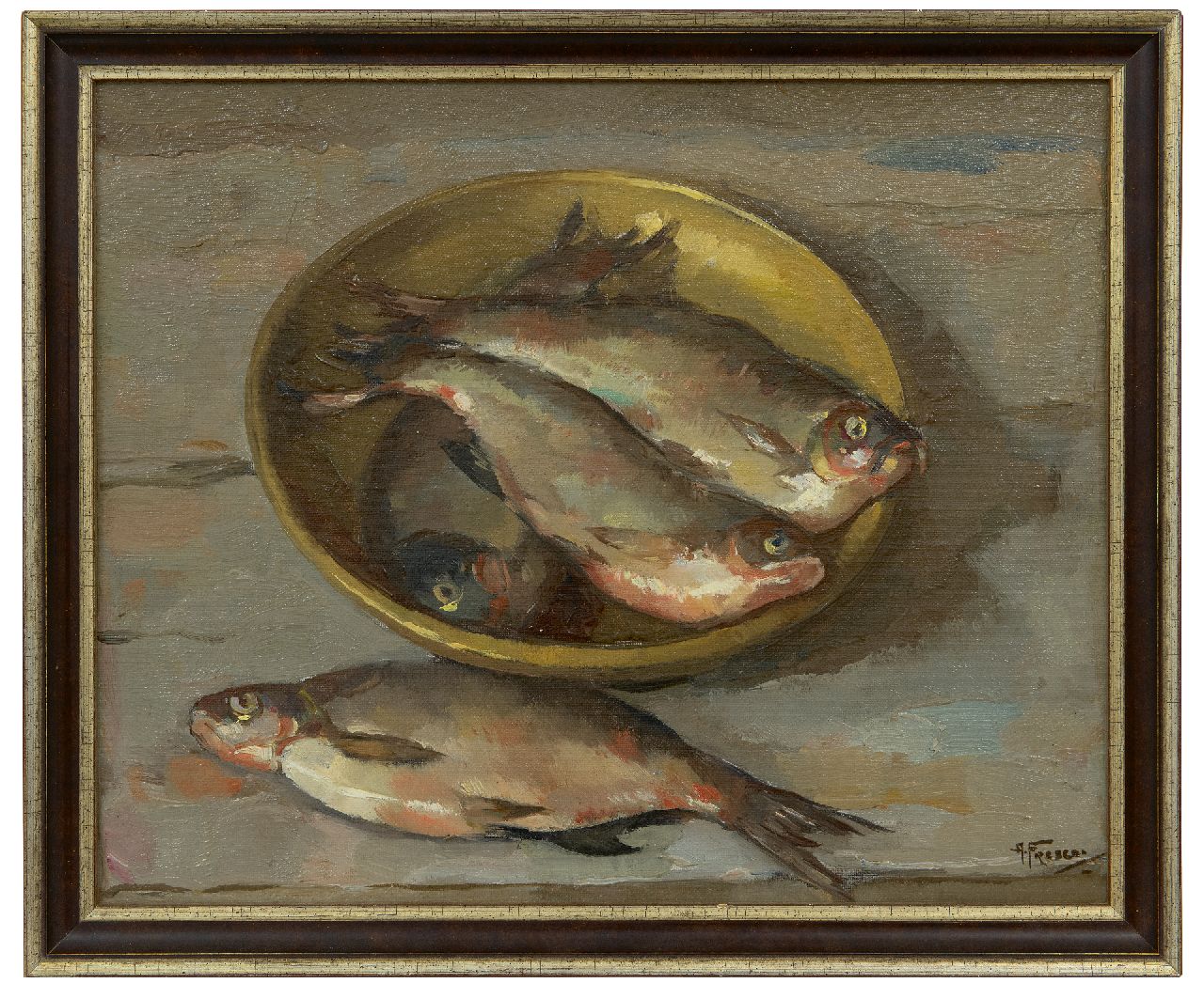 Fresco A.  | Abraham Fresco, Hering in einer Schüssel, Öl auf Leinwand 33,2 x 40,6 cm, Unterzeichnet u.r.