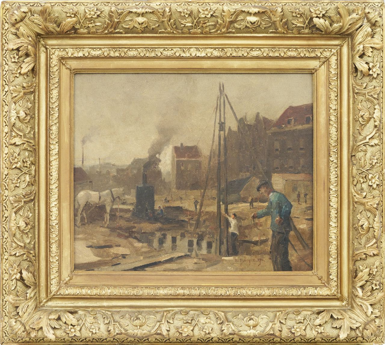 Ligtelijn E.J.  | Evert Jan Ligtelijn, Baustelle in einer Stadt, Öl auf Holz 39,8 x 47,9 cm, Unterzeichnet u.r.