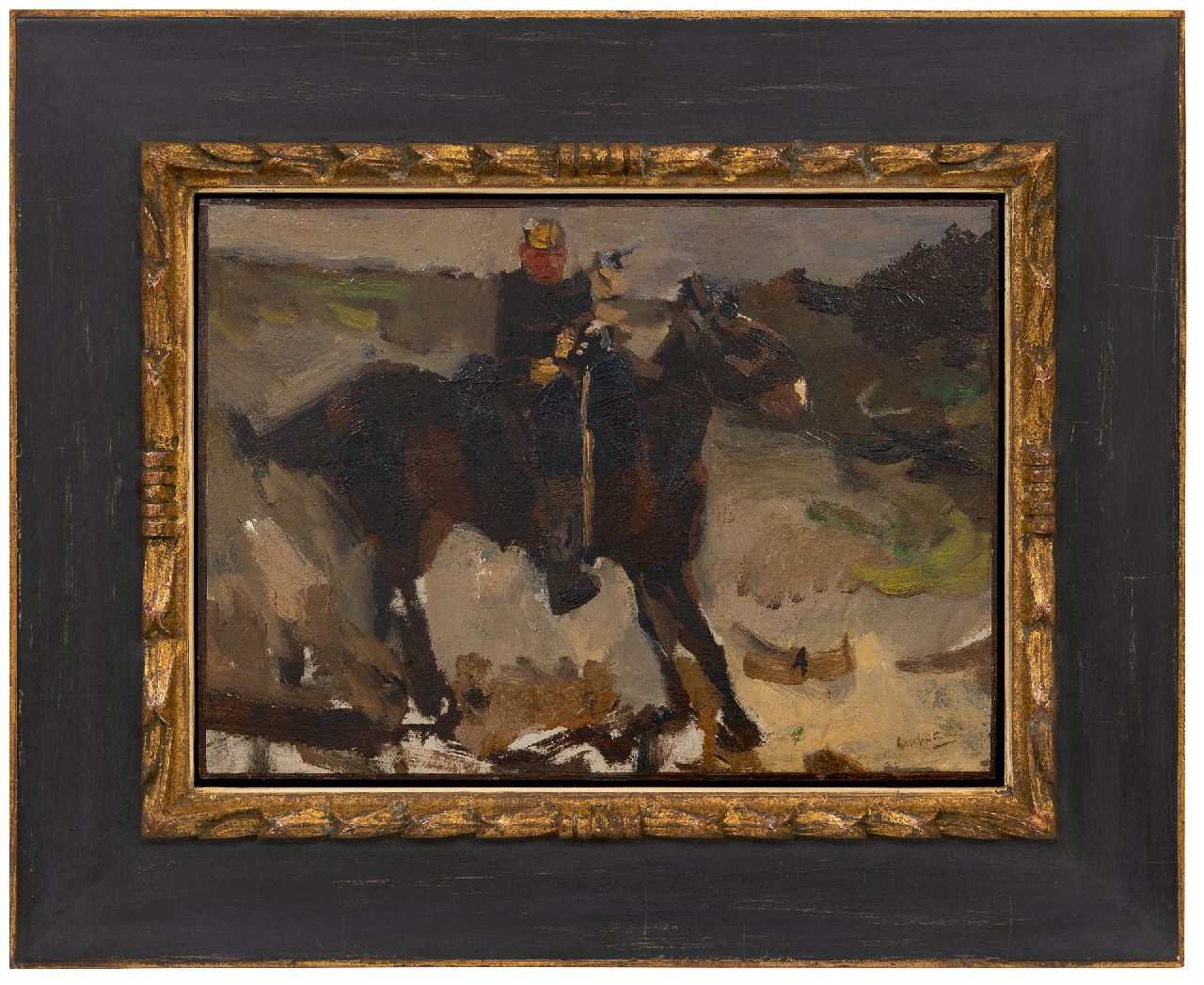 Breitner G.H.  | George Hendrik Breitner | Gemälde zum Verkauf angeboten | Husar auf einem Pferd, Öl auf Holz 30,8 x 42,2 cm, Unterzeichnet u.r.