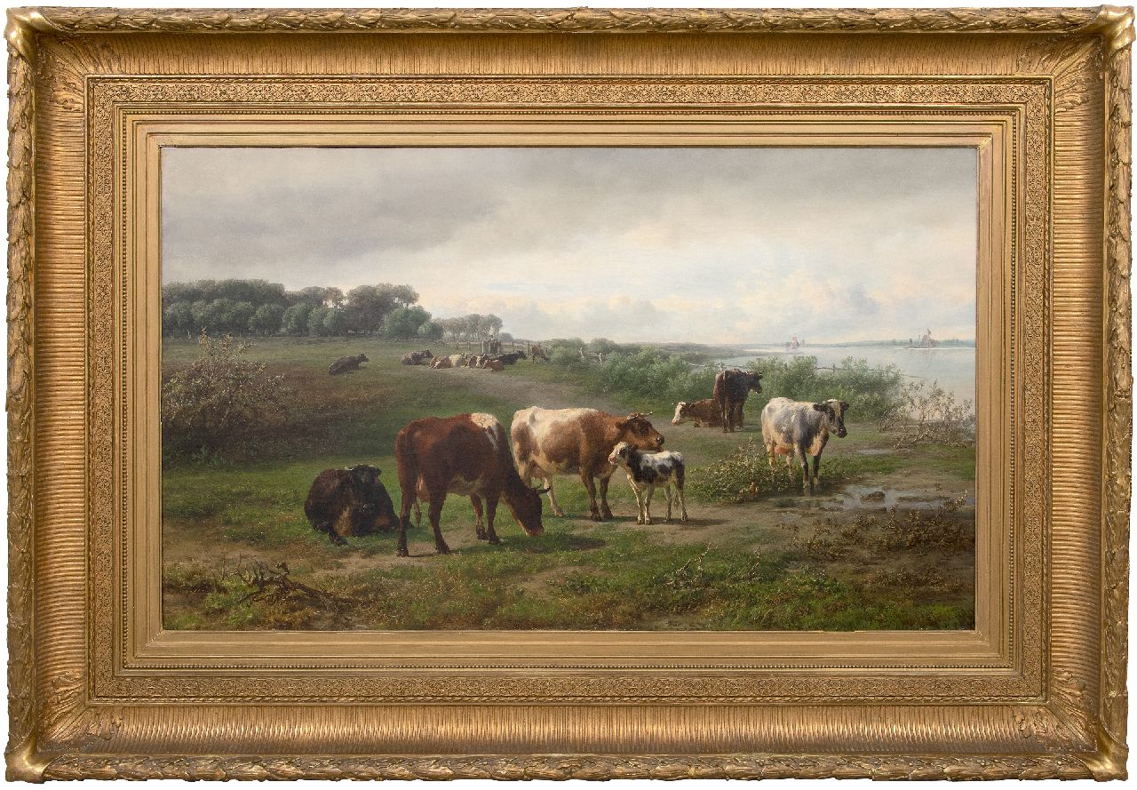 Tom J.B.  | Jan Bedijs Tom | Gemälde zum Verkauf angeboten | Kühe entlang eines Flusses, möglicherweise des Rheins in Gelderland, Öl auf Leinwand 72,3 x 122,5 cm, Unterzeichnet u.r. und datiert 1874