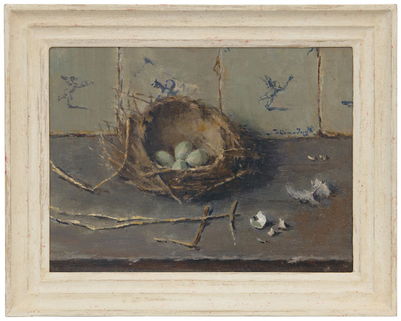 Dam van Isselt L. van | Lucie van Dam van Isselt, Eier im Vogelnest vor dem Hintergrund alter holländischer Kacheln, Öl auf Holz 30,1 x 40,2 cm, Unterzeichnet r.m.