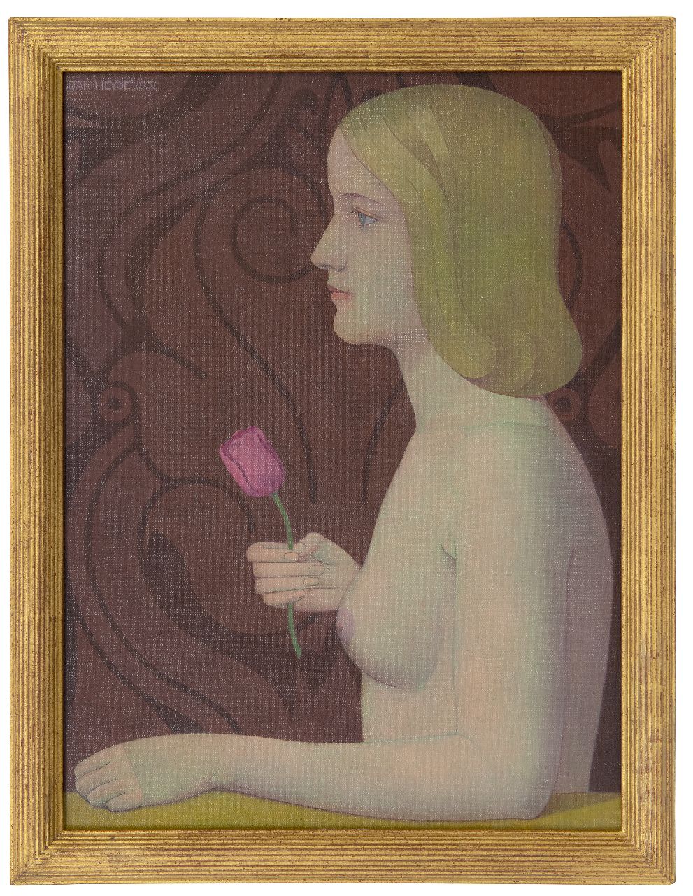 Heyse J.  | Jan Heyse | Gemälde zum Verkauf angeboten | Akt mit einer Tulpe, Öl auf Leinwand  auf Holzfaser 54,6 x 40,3 cm, Unterzeichnet o.l. und datiert 1951