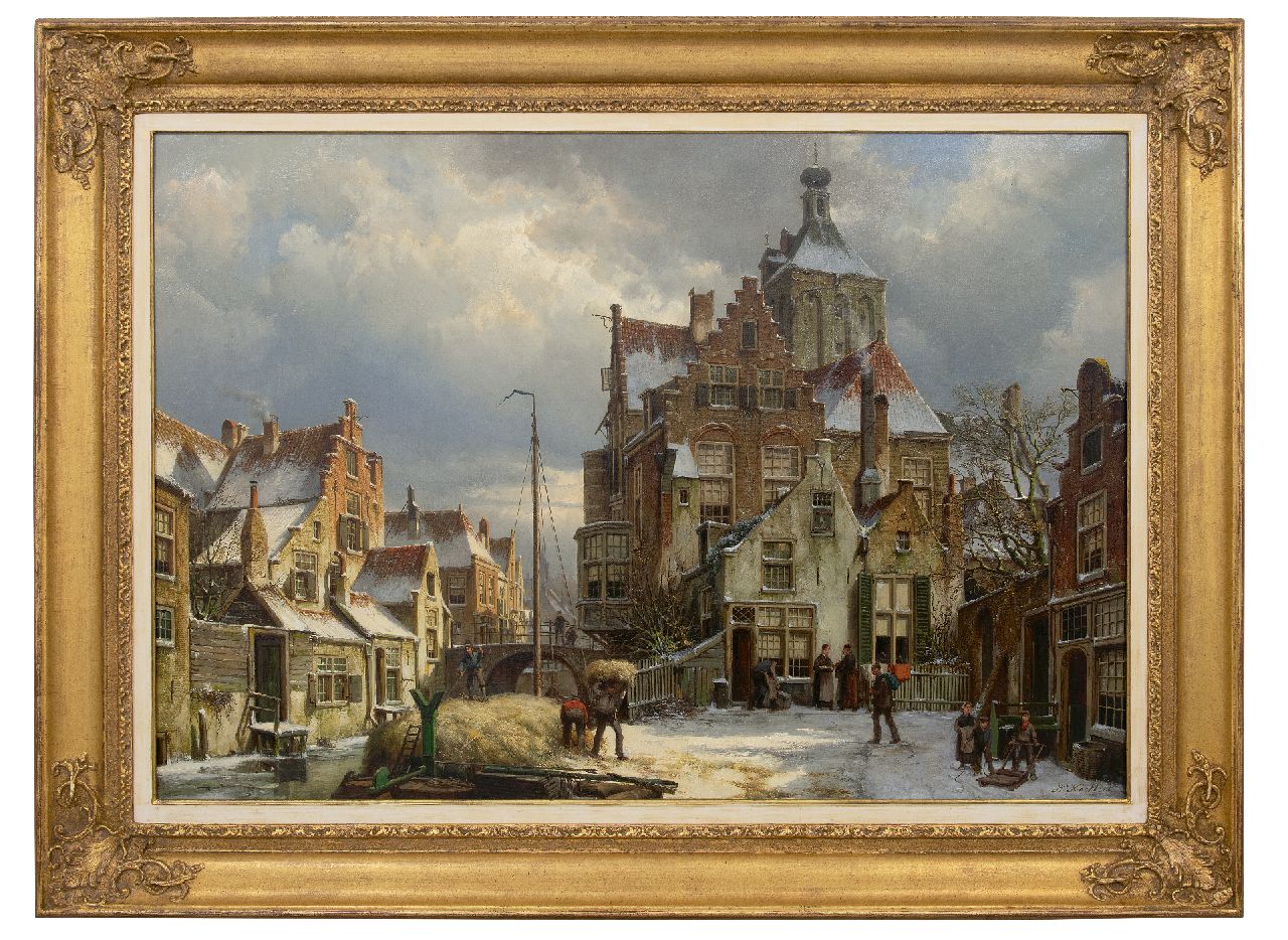 Koekkoek W.  | Willem Koekkoek | Gemälde zum Verkauf angeboten | Winterstraßenszene Culemborg, Öl auf Leinwand 86,5 x 125,3 cm, Unterzeichnet u.r.
