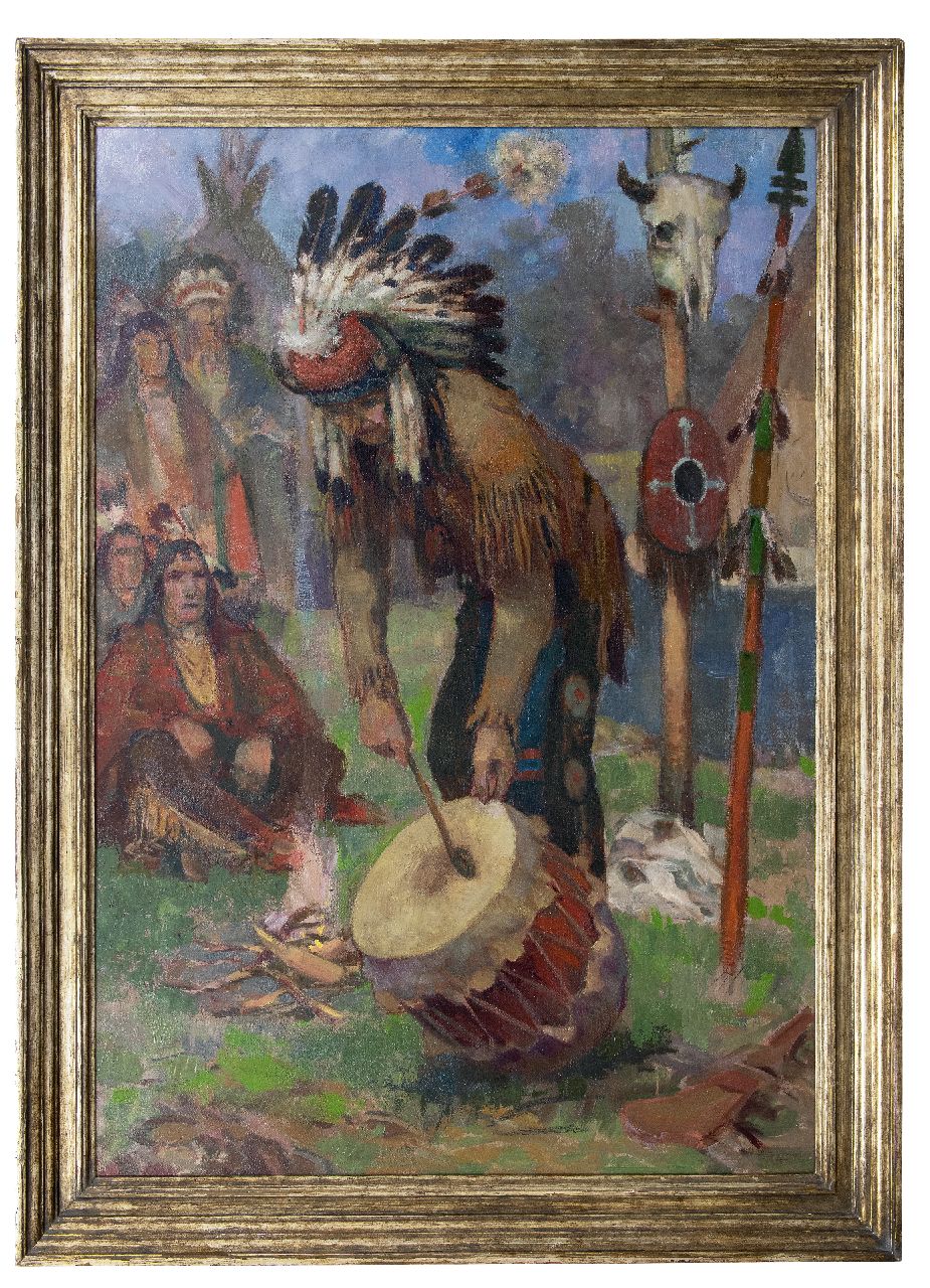 Duitse School, begin 20e eeuw   | Duitse School, begin 20e eeuw | Gemälde zum Verkauf angeboten | Trommelnder Medizinmann des einheimischer Stamm, Öl auf Leinwand 128,0 x 89,8 cm, 1910-1920