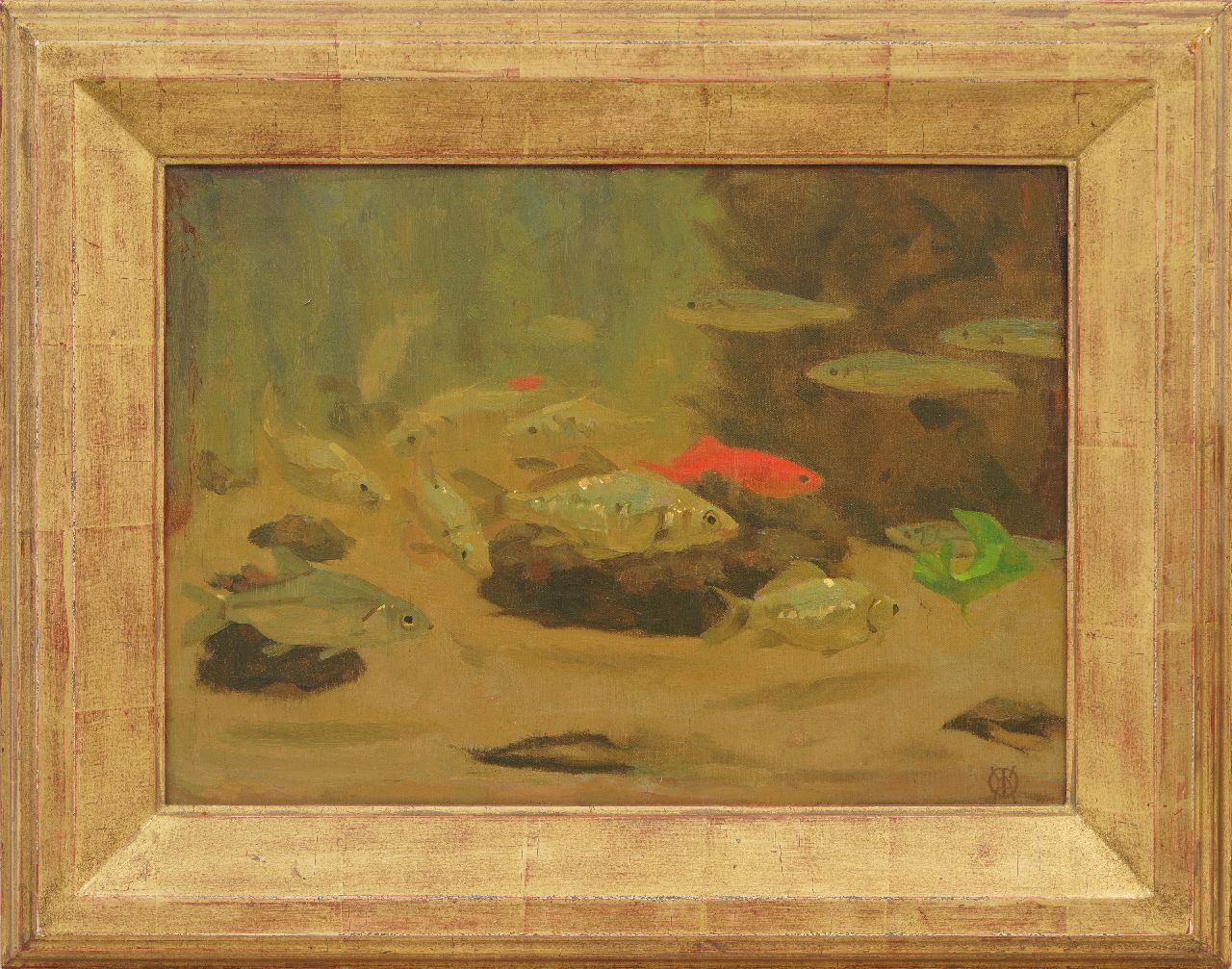 Dijsselhof G.W.  | Gerrit Willem Dijsselhof, Fische im Aquarium von Artis, Öl auf Leinwand 28,7 x 39,9 cm, Unterzeichnet u.r. mit Monogramm