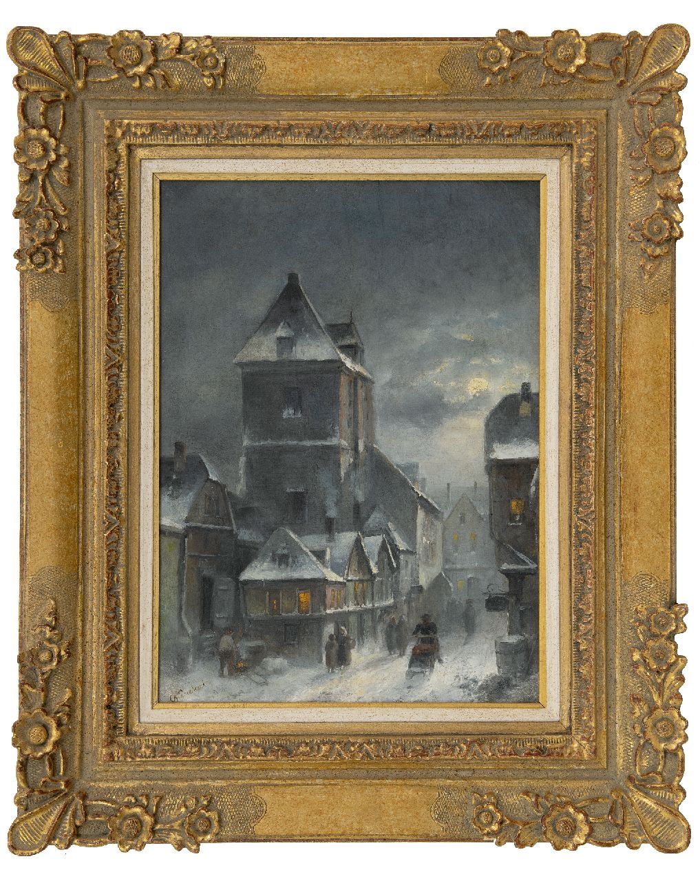Leickert C.H.J.  | 'Charles' Henri Joseph Leickert, Winterliches Stadtbild am frühen Abend, Öl auf Leinwand 42,6 x 30,6 cm, Unterzeichnet u.l. und um 1895