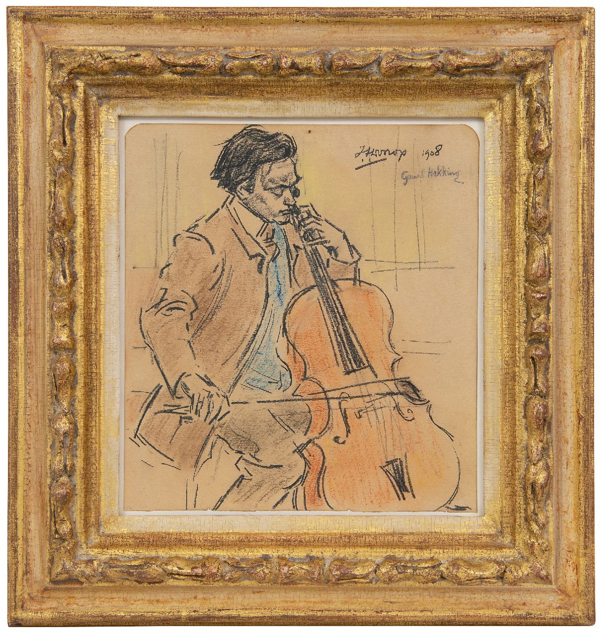 Toorop J.Th.  | Johannes Theodorus 'Jan' Toorop | Aquarelle und Zeichnungen zum Verkauf angeboten | Gerard Hekking Cello spielend, Schwarze und Farbkreide auf Papier 21,6 x 19,7 cm, Unterzeichnet o.r. und datiert 1908