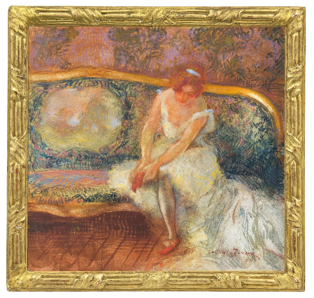 La Touche G.  | Gaston La Touche, Sitzende Ballerina, Kreide und Gouache auf Holzfaser 23,1 x 24,3 cm, Unterzeichnet r.u.