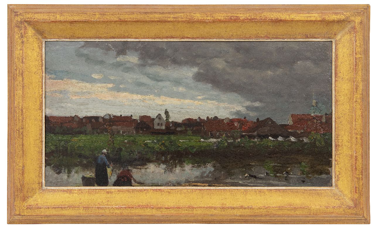 Mesdag H.W.  | Hendrik Willem Mesdag, Bleichfeldern an einem Fluss, Öl auf Leinwand auf Holz 29,3 x 56,0 cm, Unterzeichnet u.l. Signaturreste