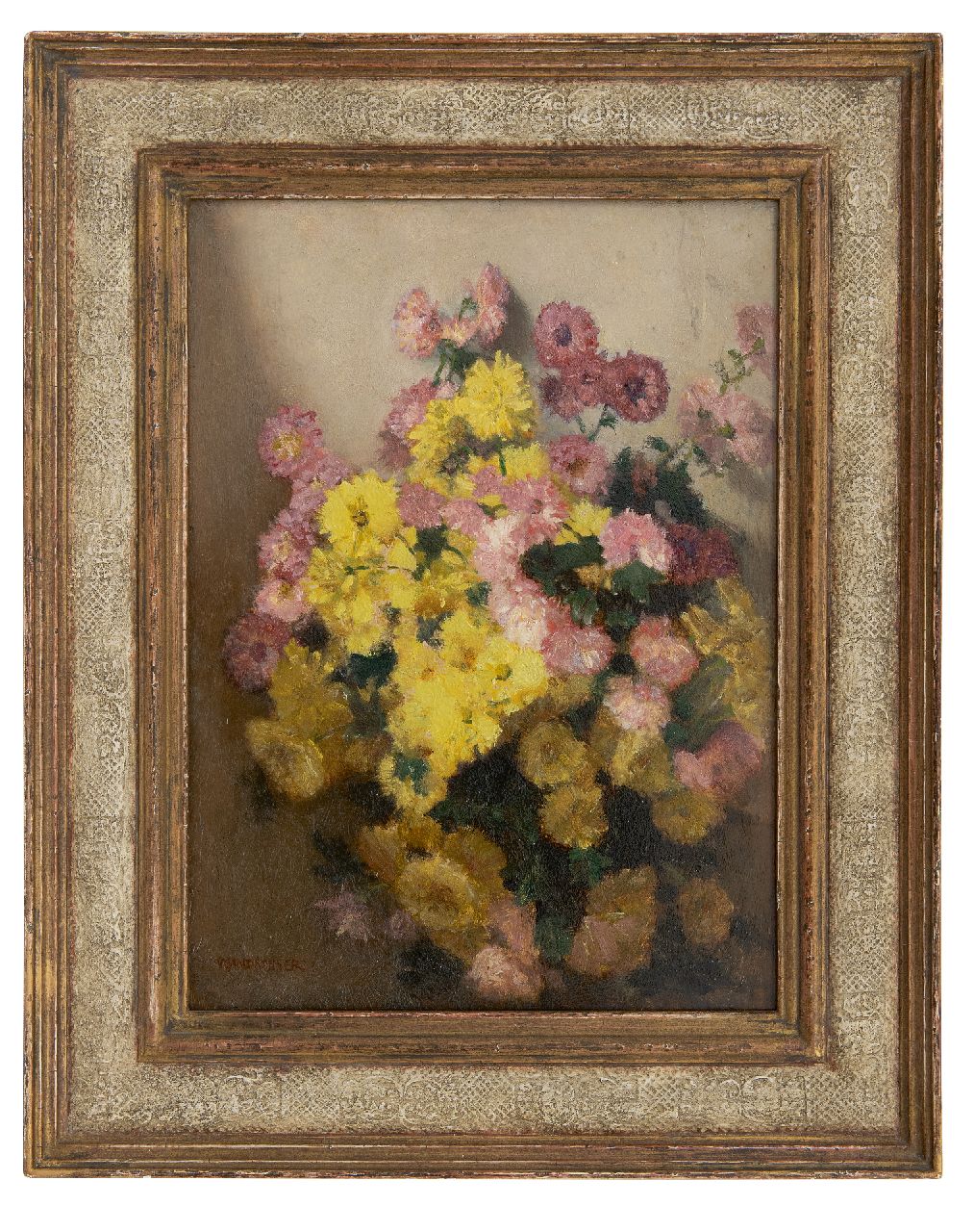 Wandscheer M.W.  | Maria Wilhelmina 'Marie' Wandscheer | Gemälde zum Verkauf angeboten | Herbstchrysanthemen, Öl auf Holz 41,0 x 30,1 cm, Unterzeichnet l.u. und verso