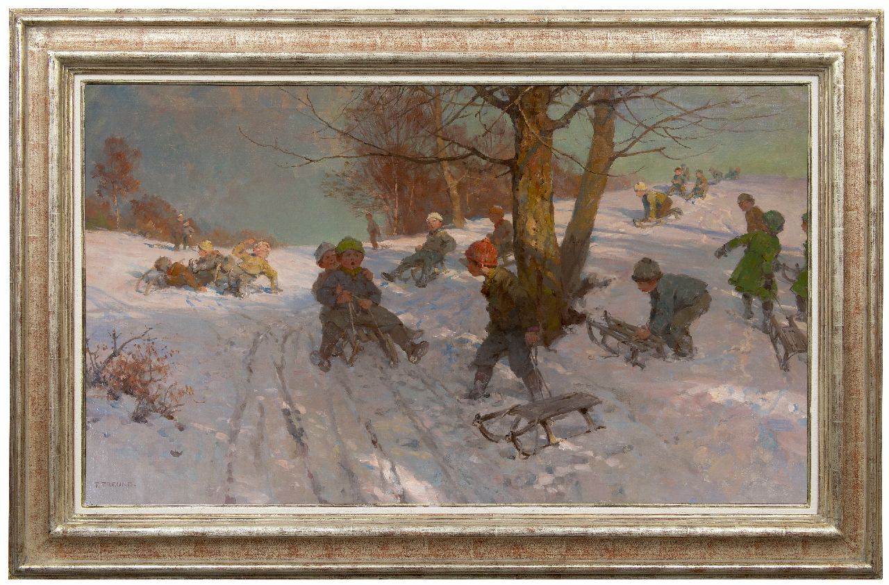 Freund F.  | Fritz Freund, Schneevergnügen, Öl auf Leinwand 70,6 x 120,3 cm, Unterzeichnet u.l.