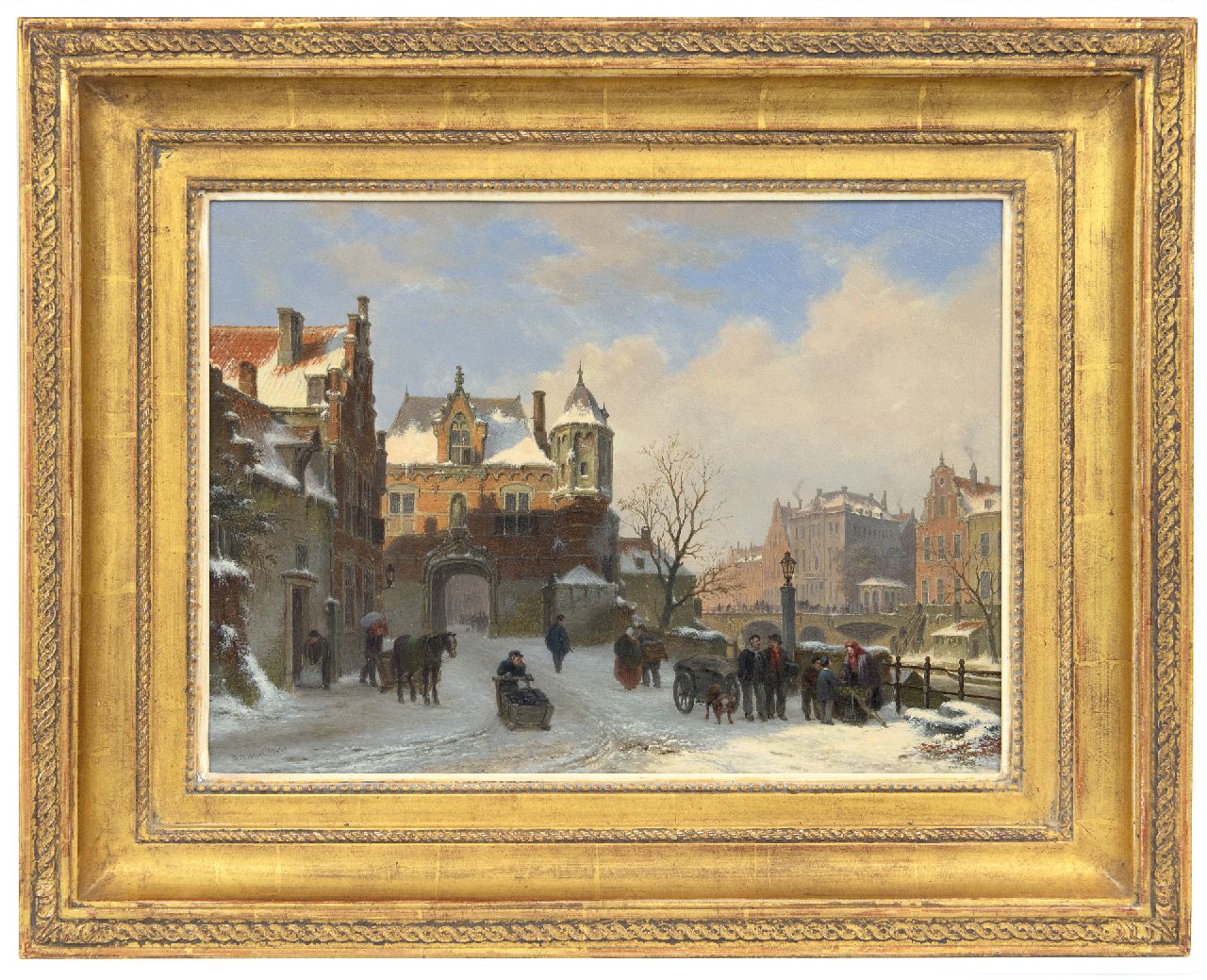 Hove B.J. van | Bartholomeus Johannes 'Bart' van Hove | Gemälde zum Verkauf angeboten | Winterliche Stadtansicht (Anhänger von Sommerliche Stadtansicht mit Schiffen und Figuren), Öl auf Holz 28,6 x 39,2 cm, Unterzeichnet u.l.