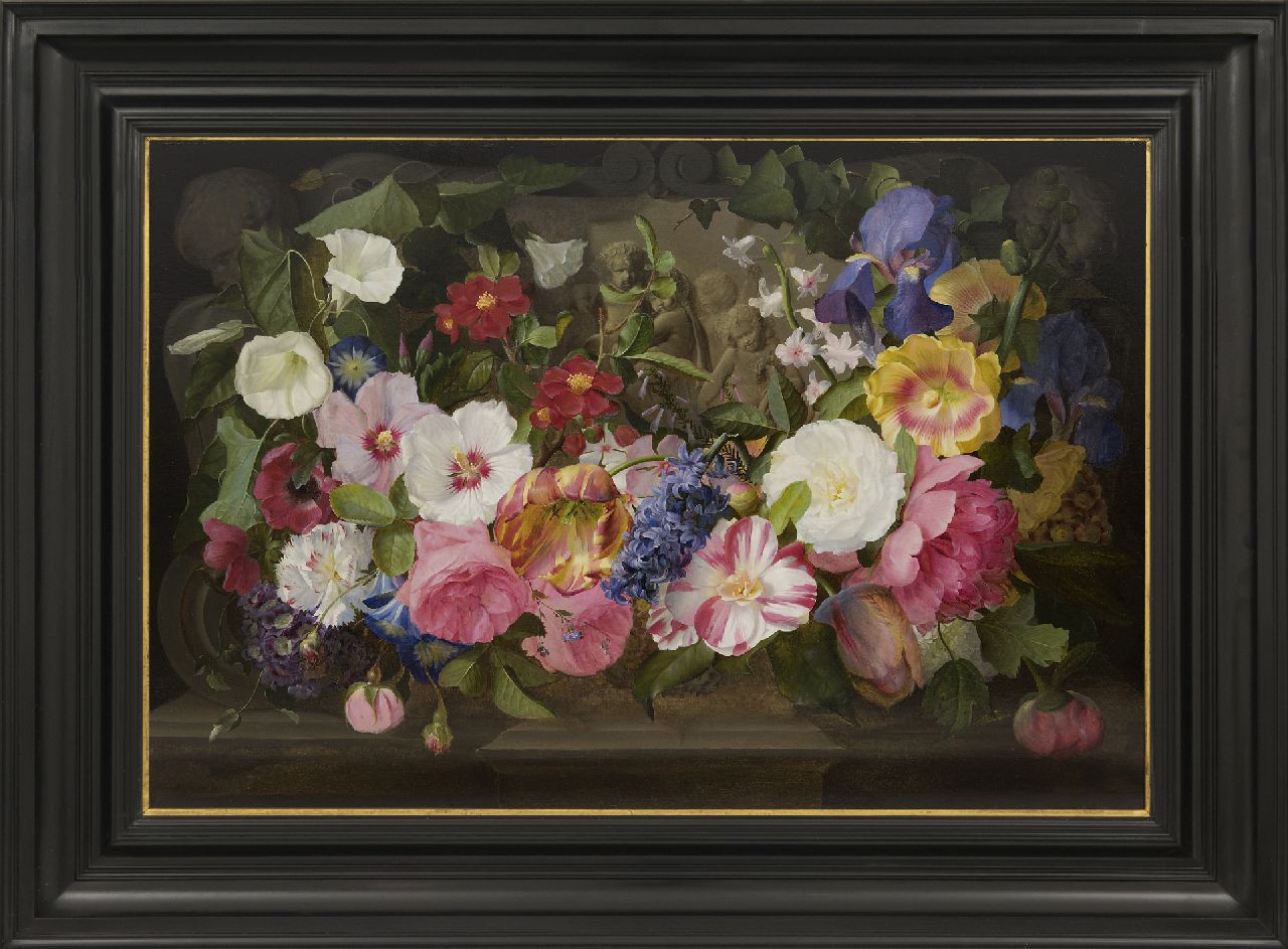 Robie J.B.  | Jean-Baptiste Robie, Blumenstilleben auf Marmorplinthe, Öl auf Holz 44,0 x 64,5 cm, Unterzeichnet u.l. - überreste und zu datieren um 1845-1850