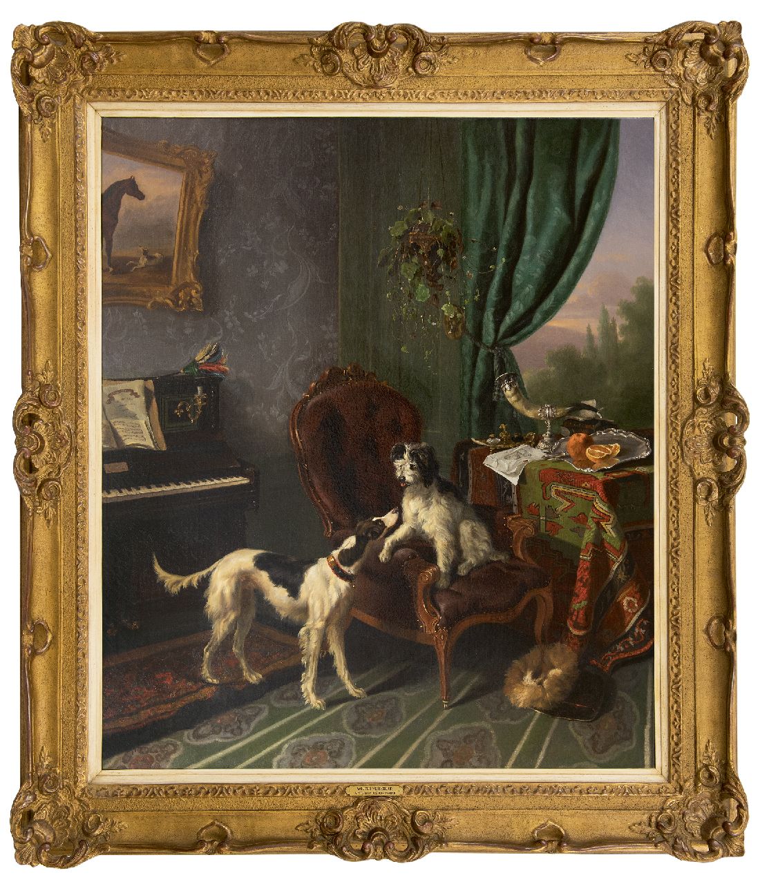 Verschuur W.  | Wouterus Verschuur | Gemälde zum Verkauf angeboten | Musikzimmer mit zwei Hunden, Öl auf Leinwand 90,0 x 79,0 cm, zu datieren um 1848-1850