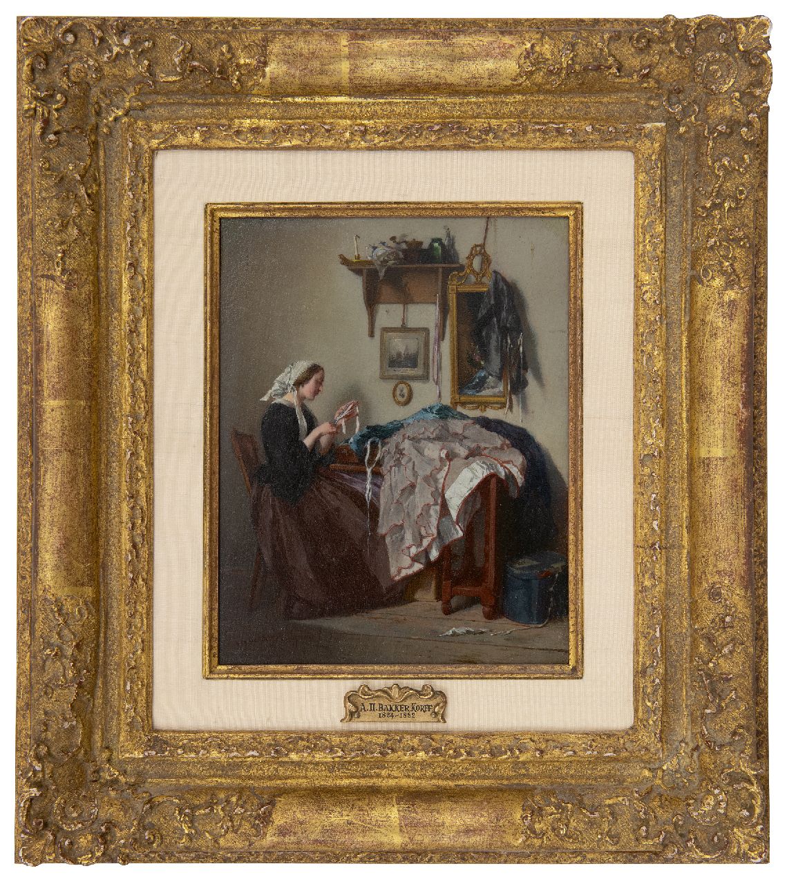 Bakker Korff A.H.  | Alexander Hugo Bakker Korff, Die junge Näherin, Öl auf Holz 18,5 x 14,4 cm, Unterzeichnet u.l. und zu datieren um 1864
