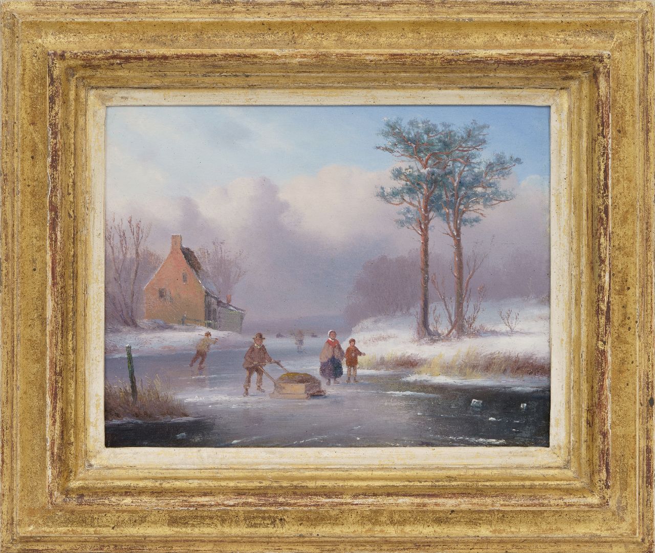 Ahrendts C.E.  | Carl Eduard Ahrendts, Winterliche Flusslandschaft mit Schlittschuhlaufende figuren, Öl auf Holz 19,2 x 23,7 cm, Unterzeichnet u.r. unklar