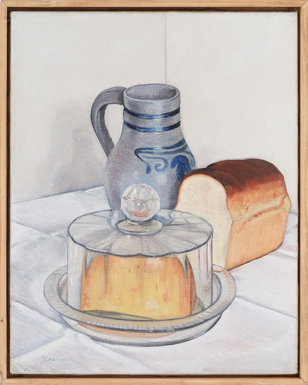 Lodeizen J.  | Johannes 'Jo' Lodeizen, Stilleben mit Krug, Weißbrot und Käse unter einer Glasglocke, Öl auf Leinwand 50,4 x 40,2 cm, Unterzeichnet u.l. und datiert '33