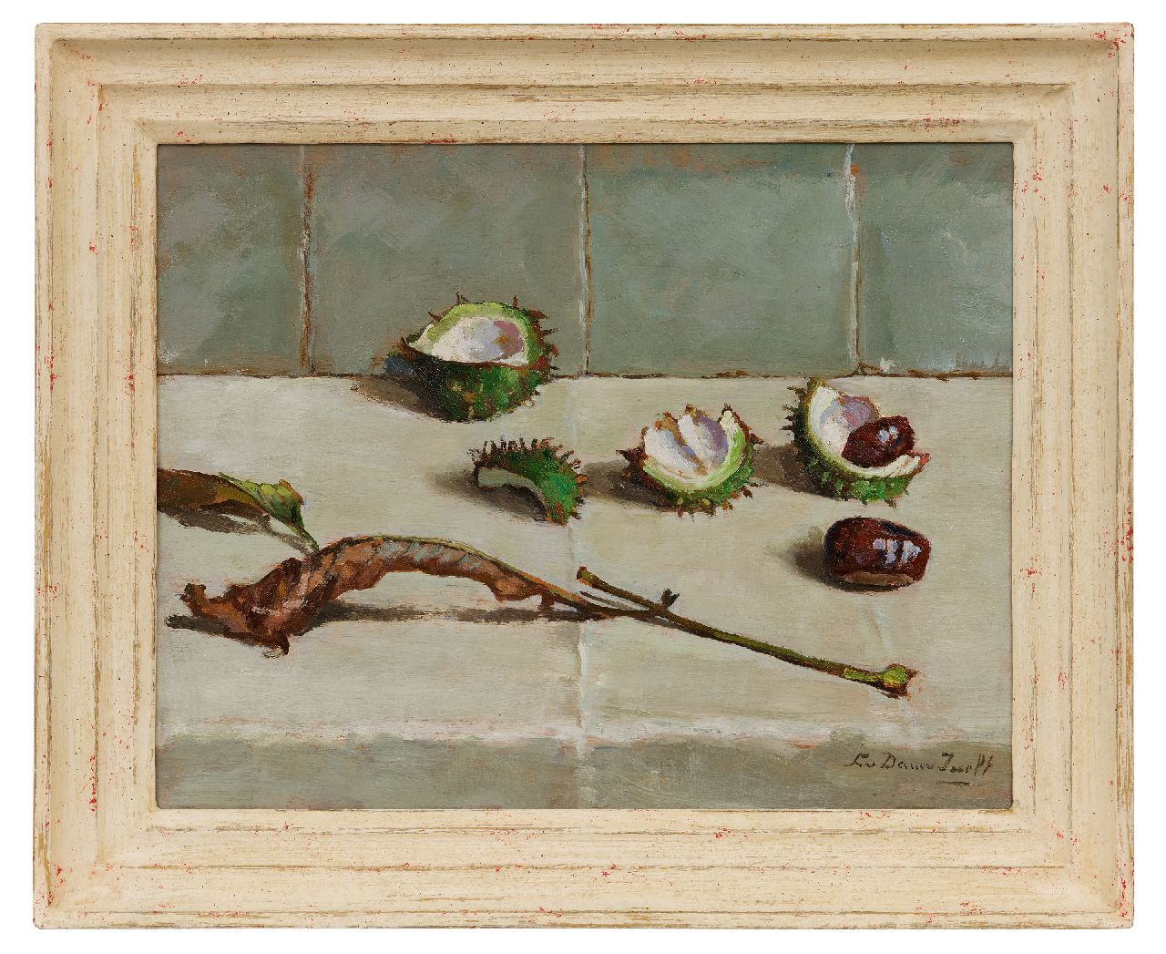 Dam van Isselt L. van | Lucie van Dam van Isselt, Stillleben mit Kastanien, Öl auf Holz 31,7 x 40,1 cm, Unterzeichnet u.r.