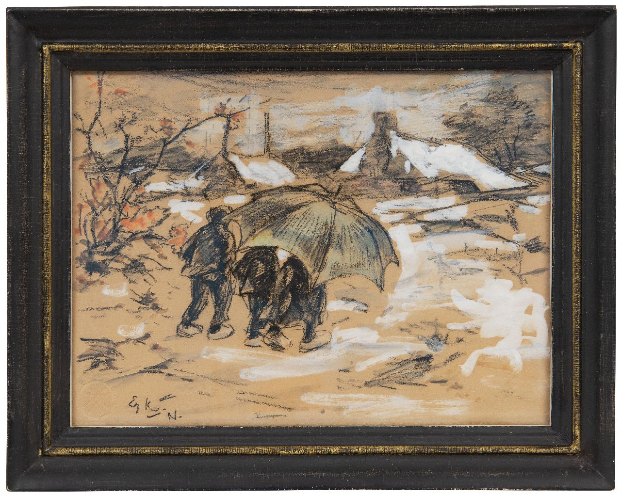 Koning E.W.  | 'Edzard' Willem Koning, Bauernkinder unter einem Regenschirm, crayon and watercolour on paper 17,8 x 24,2 cm, Unterzeichnet u.l. mit Initialen
