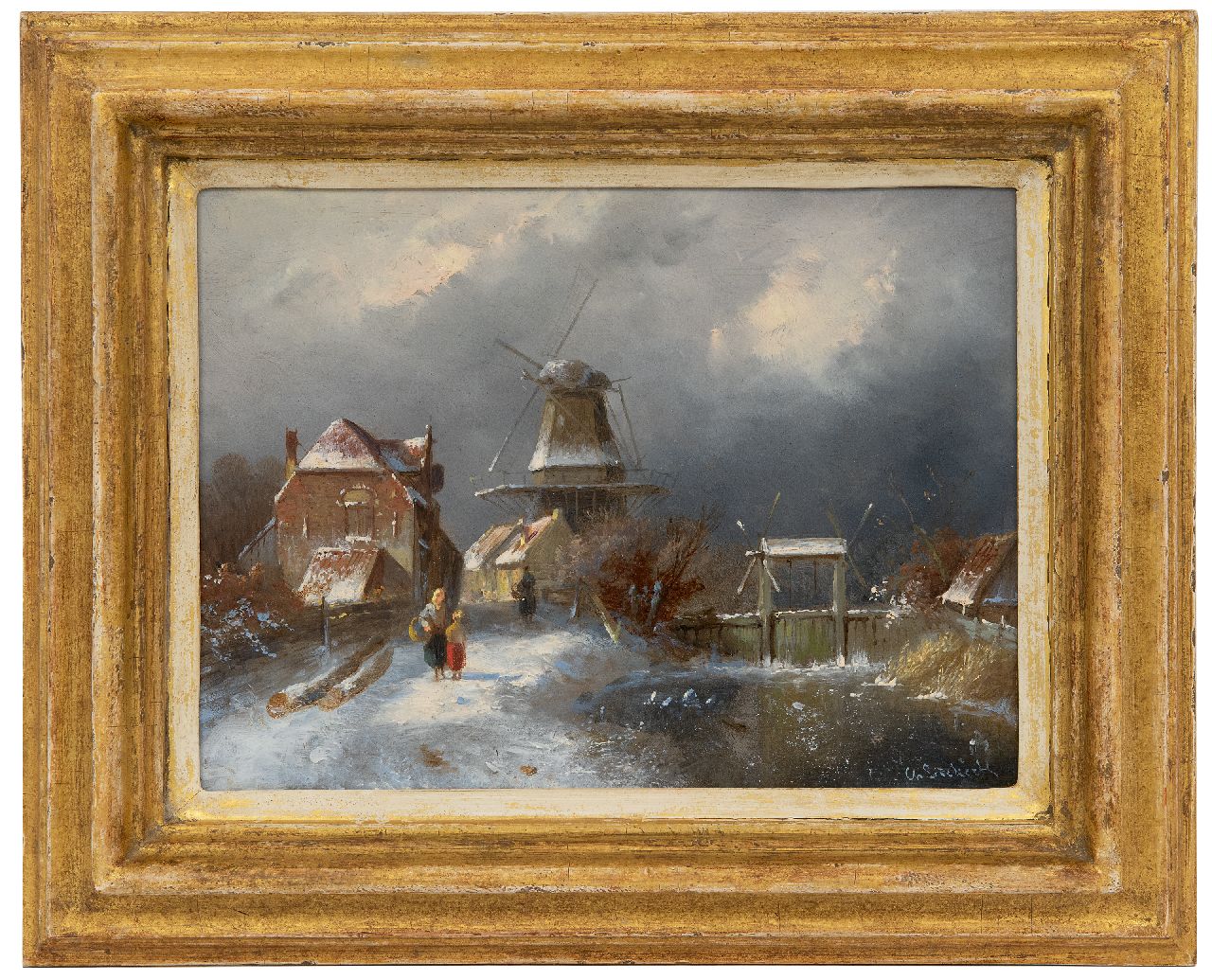 Leickert C.H.J.  | 'Charles' Henri Joseph Leickert, Winterlandschaft mit Figuren an einer Schleuse, Öl auf Holz 19,3 x 26,0 cm, Unterzeichnet u.r.