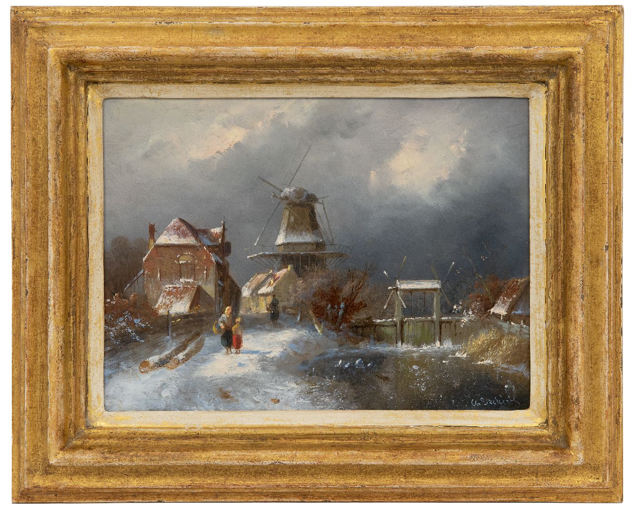 Leickert C.H.J.  | 'Charles' Henri Joseph Leickert, Winterlandschaft mit Figuren an einer Schleuse, Öl auf Holz 19,3 x 26,0 cm, Unterzeichnet u.r.