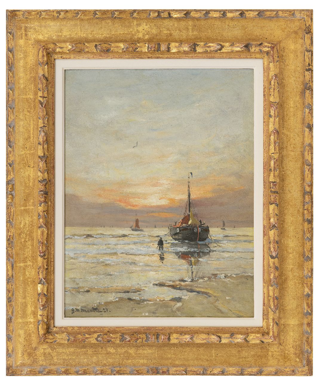 Munthe G.A.L.  | Gerhard Arij Ludwig 'Morgenstjerne' Munthe, Bomschuit in der Brandung bei Sonnenuntergang, Öl auf Malereifaser 34,8 x 26,8 cm, Unterzeichnet u.l. und datiert '24