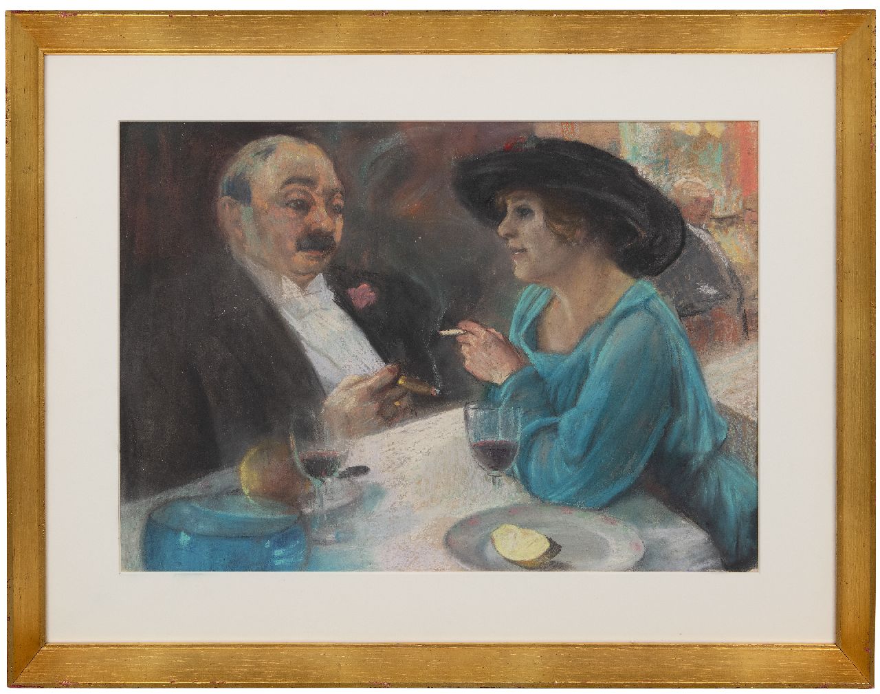 Onbekend (R.I.P.)  | Onbekend | Aquarelle und Zeichnungen zum Verkauf angeboten | Mann und Frau in einem Café, Pastell auf Papier 35,5 x 47,6 cm