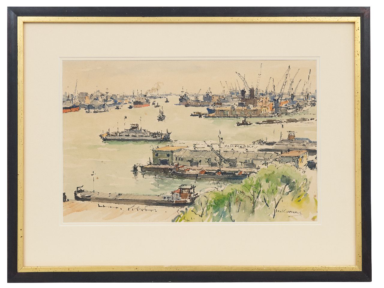 Korthals J.  | Johannes 'Jan' Korthals, Hafenblick, Rotterdam, Aquarell auf Papier 29,9 x 46,7 cm, Unterzeichnet u.r.