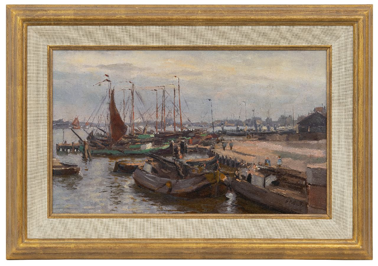 Pothast B.J.C.  | 'Bernard' Jean Corneille Pothast | Gemälde zum Verkauf angeboten | Blick auf den geschäftigen Hafen mit festgemachten Flachbodenbooten, Öl auf Leinwand auf Holz 26,0 x 44,0 cm, Unterzeichnet u.r.