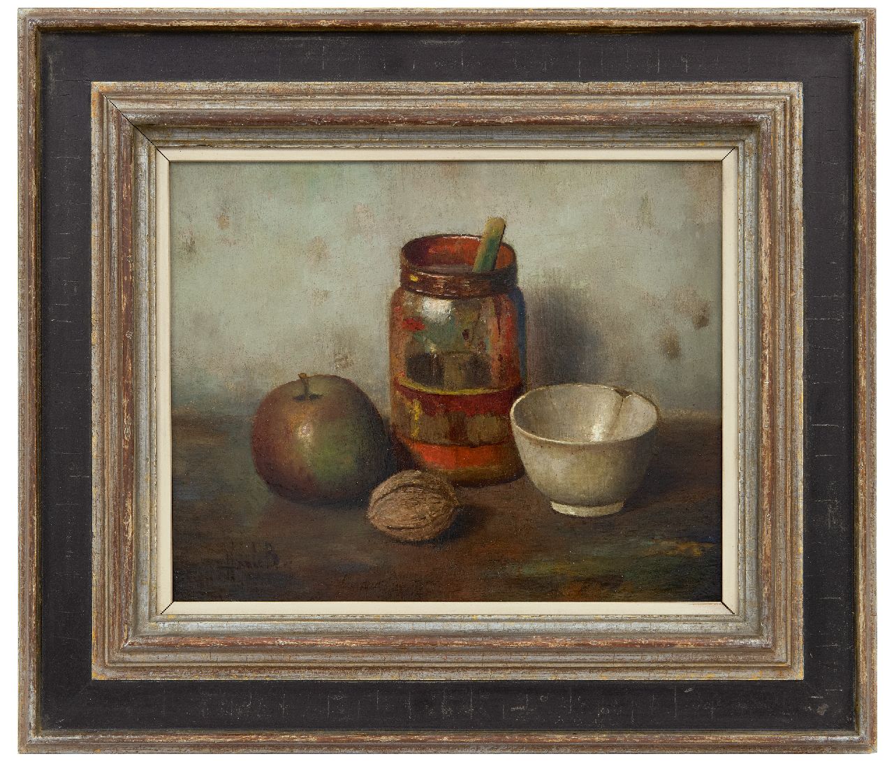 Bos H.  | Hendrik 'Henk' Bos | Gemälde zum Verkauf angeboten | Stilleben mit Apfel und Walnuss, Öl auf Leinwand 24,8 x 31,1 cm, Unterzeichnet u.l.