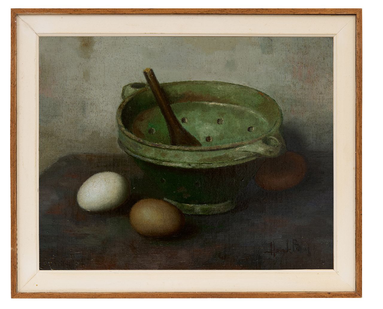 Bos H.  | Hendrik 'Henk' Bos | Gemälde zum Verkauf angeboten | Stilleben mit Sieb und Eiern, Öl auf Leinwand auf Holz 24,5 x 30,4 cm, Unterzeichnet u.r.