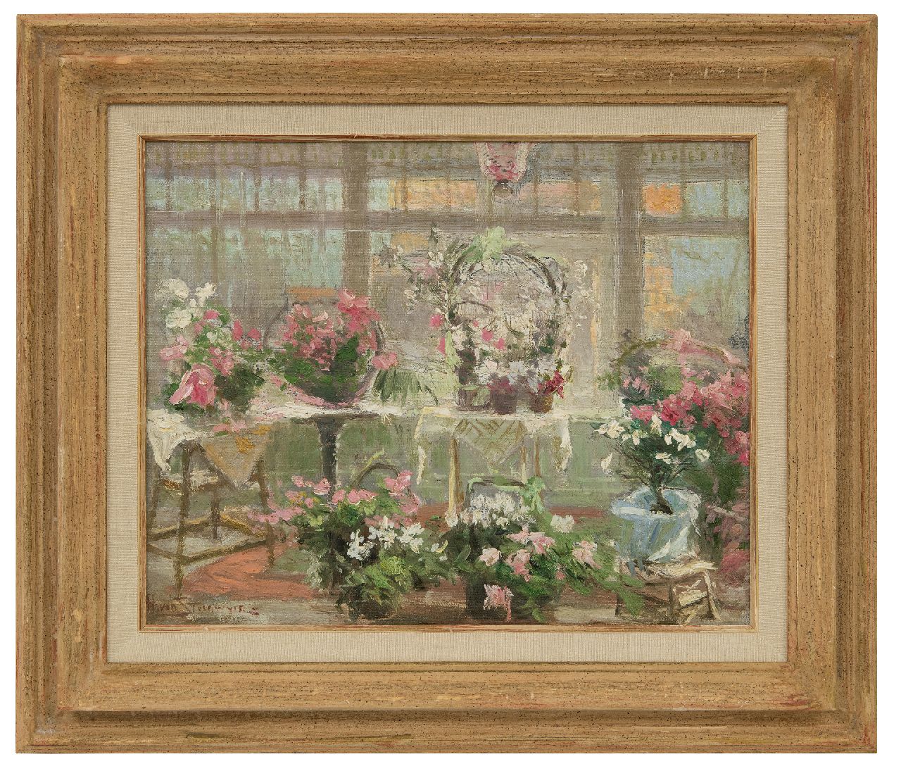 Steenwijk H. van | Hendrik van Steenwijk | Gemälde zum Verkauf angeboten | Glasszimmer mit blühenden Pflanzen, Öl auf Leinwand auf Holz 29,9 x 36,8 cm, Unterzeichnet u.l.