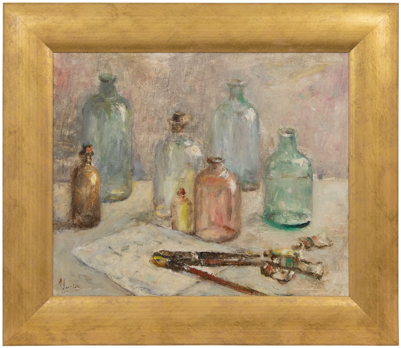 Surie J.  | Jacoba 'Coba' Surie | Gemälde zum Verkauf angeboten | Stilleben mit Flaschen und Malutensilien, Öl auf Leinwand 50,3 x 60,0 cm, Unterzeichnet u.l.