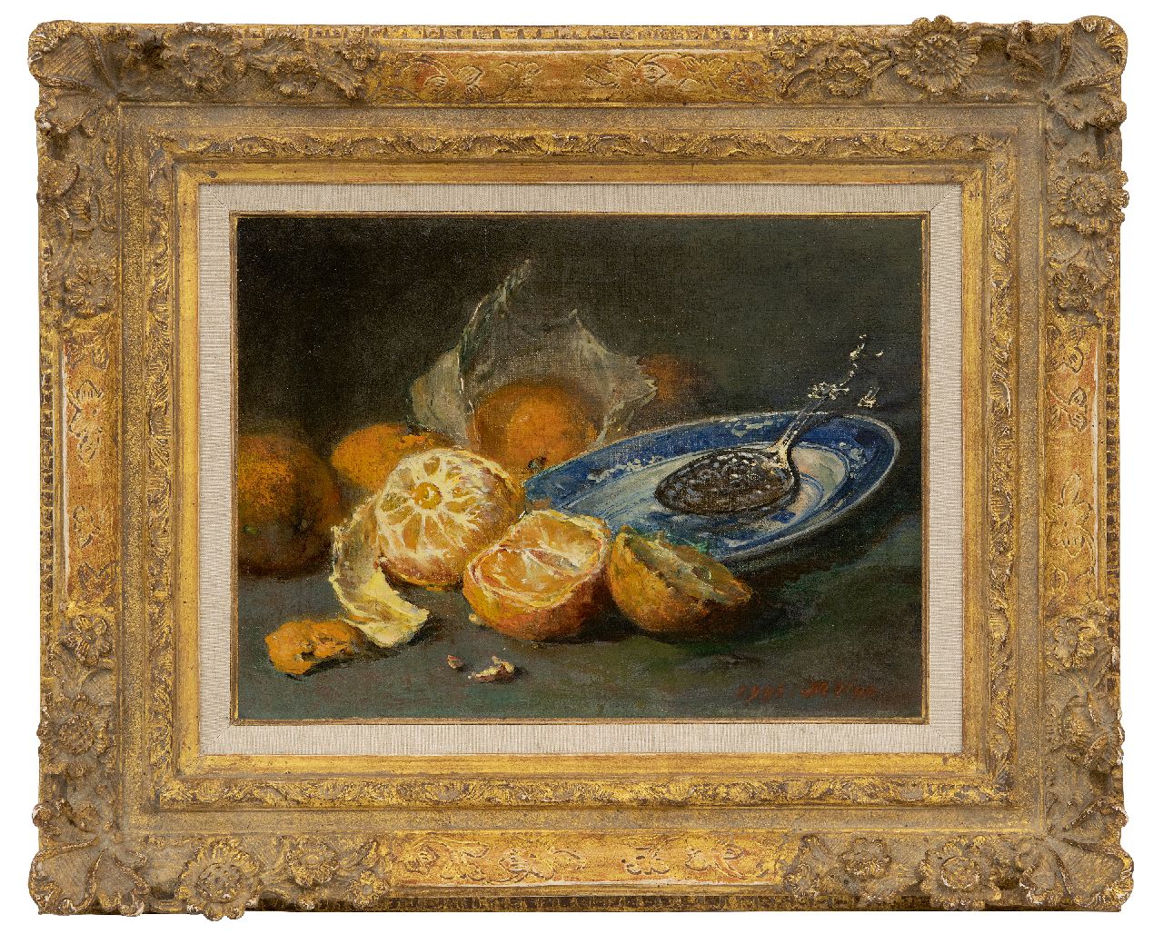 Vos M.  | Maria Vos, Stillleben mit Orangen und einem blau-weißen Teller, Öl auf Leinwand 25,4 x 34,1 cm, Unterzeichnet u.r. und datiert 1906