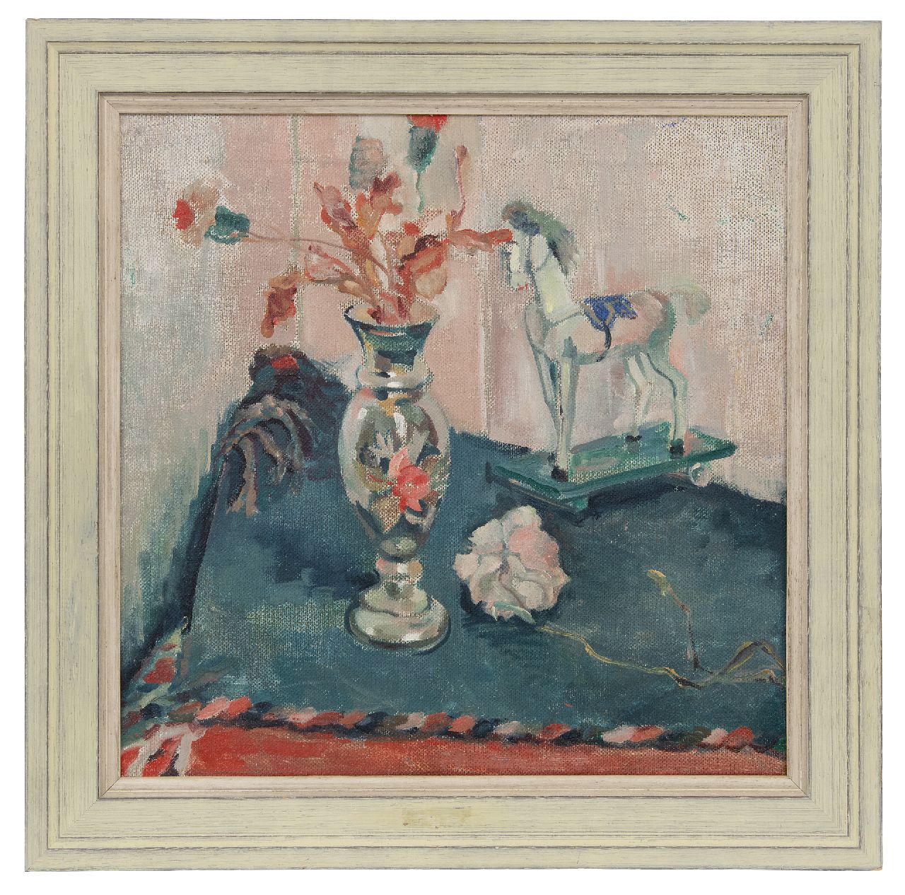 Martens G.G.  | Gijsbert 'George' Martens | Gemälde zum Verkauf angeboten | Stillleben mit Blumen und Spielzeugpferd, Öl auf Leinwand 50,5 x 50,3 cm, Unterzeichnet im Verso auf dem Keilrahmen