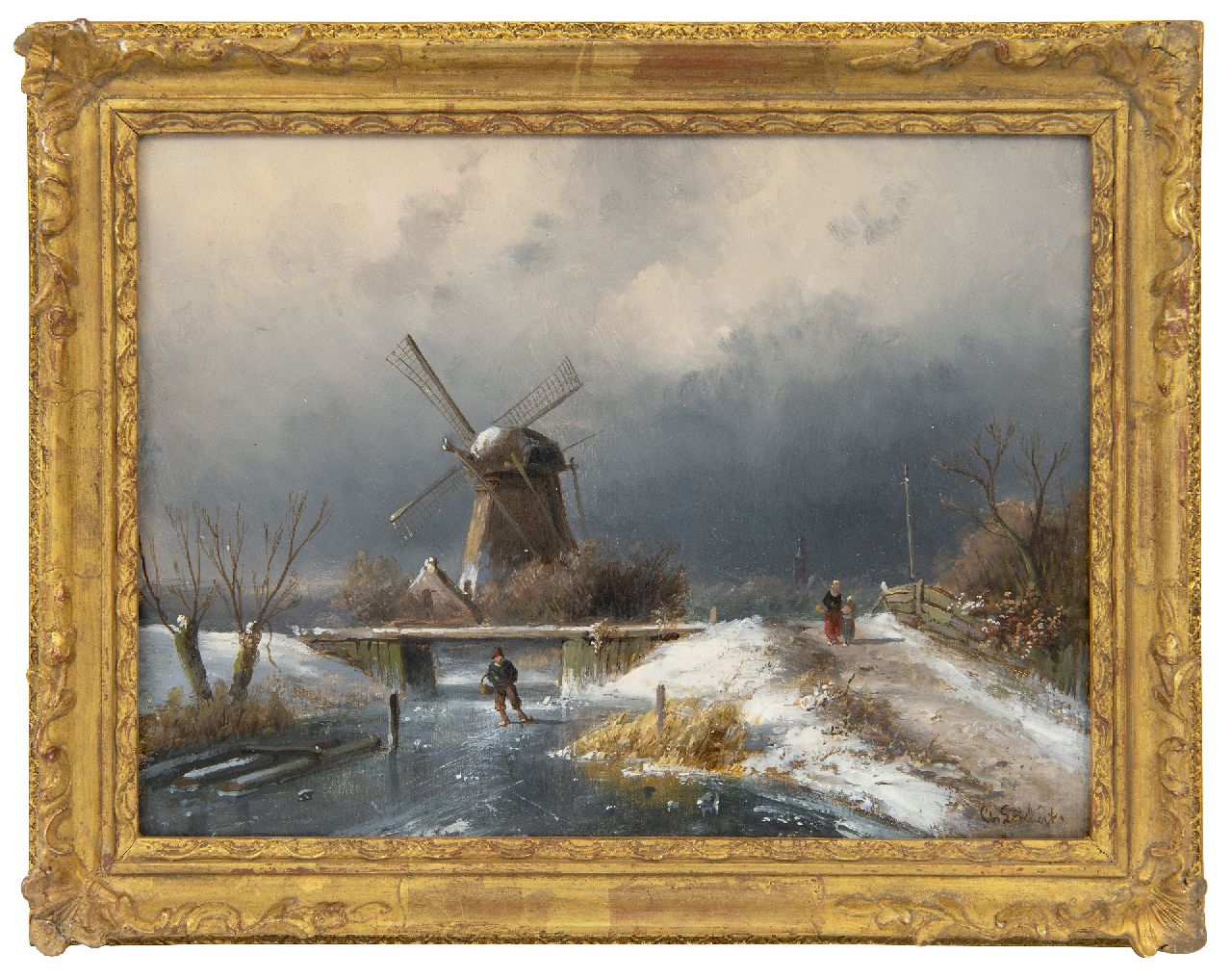 Leickert C.H.J.  | 'Charles' Henri Joseph Leickert, Skater auf einem zugefrorenen Fluss bei einer Windmühle, Öl auf Holz 19,2 x 26,0 cm, Unterzeichnet u.r.