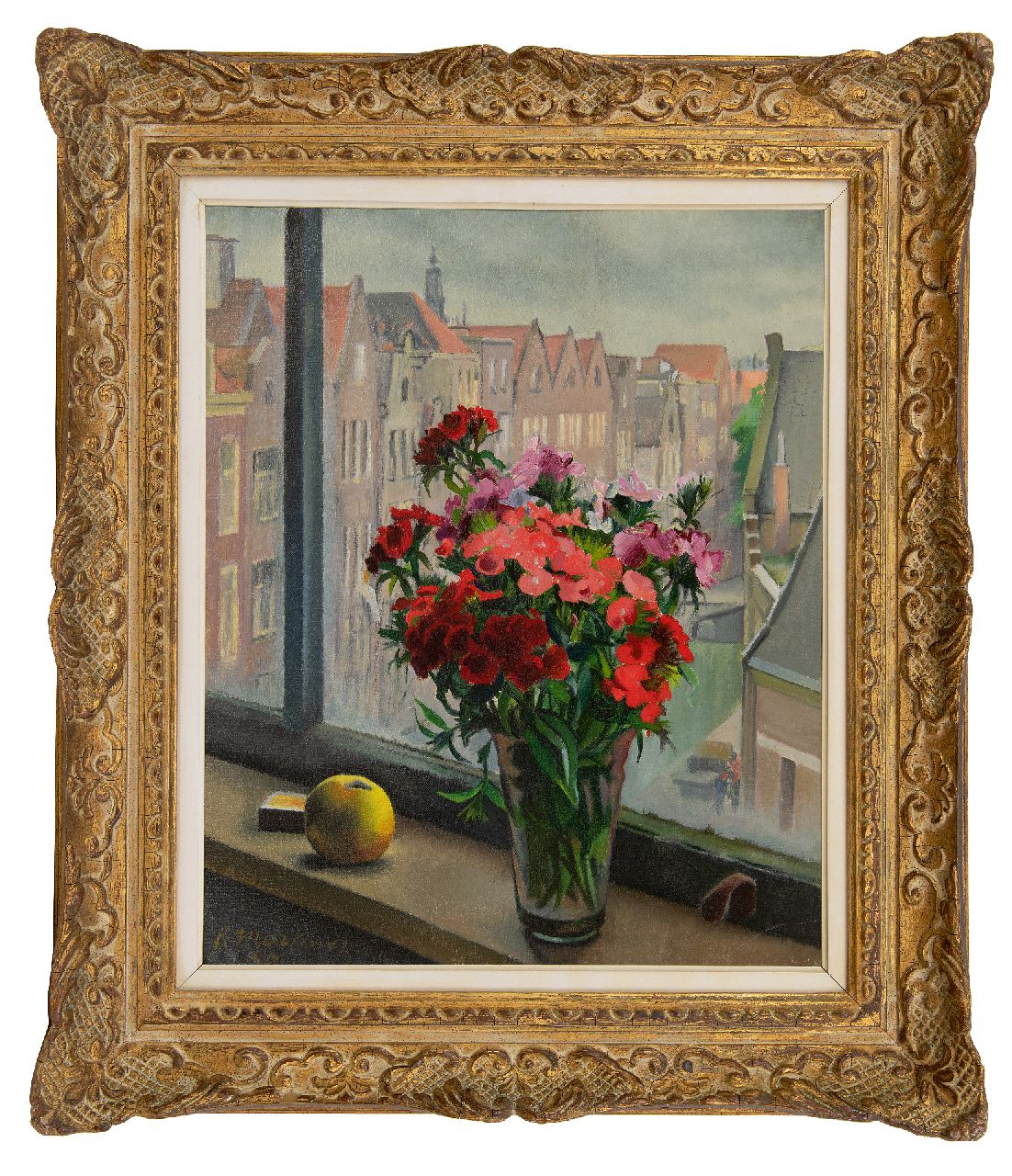 Martinez R.  | Raoul Martinez | Gemälde zum Verkauf angeboten | Blumenstillleben auf der Fensterbank in Amsterdam, Öl auf Leinwand 55,6 x 46,4 cm, Unterzeichnet u.l. und datiert '50