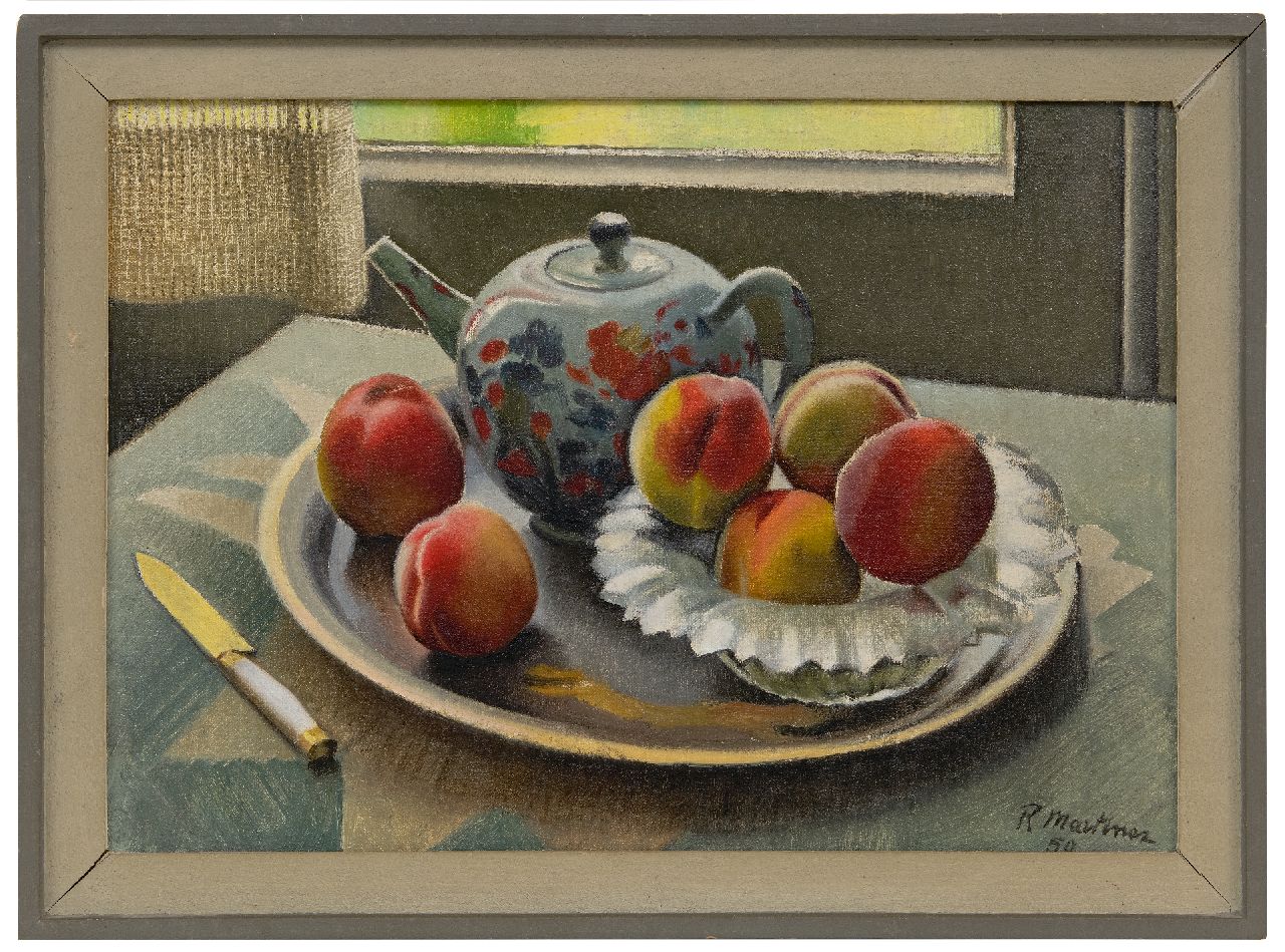 Martinez R.  | Raoul Martinez | Gemälde zum Verkauf angeboten | Stillleben mit Teekanne und Pfirsichen beim Fenster, Öl auf Leinwand 35,4 x 50,2 cm, Unterzeichnet u.r. und datiert '50