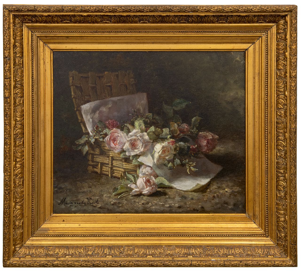 Voort in de Betouw-Nourney M. van der | Maria van der Voort in de Betouw-Nourney | Gemälde zum Verkauf angeboten | Rosen in einem Korb auf dem Waldboden, Öl auf Leinwand 50,1 x 60,3 cm, Unterzeichnet u.l.