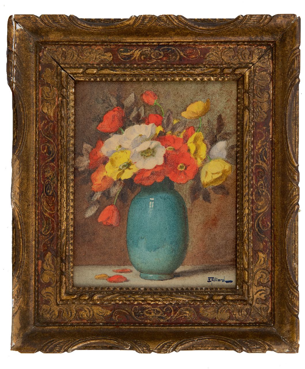 Filliard E.  | Ernest Filliard | Aquarelle und Zeichnungen zum Verkauf angeboten | Mohnblumen in einer blauen Vase, Aquarell auf Papier 16,7 x 13,8 cm, Unterzeichnet u.r.