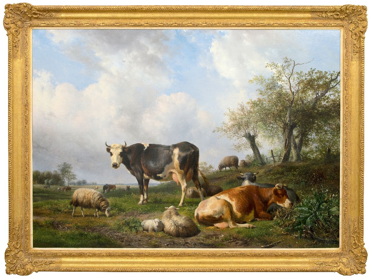 Sande Bakhuyzen H. van de | Hendrikus van de Sande Bakhuyzen | Gemälde zum Verkauf angeboten | Landscape with resting cows and sheep, Öl auf Leinwand 108,0 x 150,0 cm, Unterzeichnet u.l.