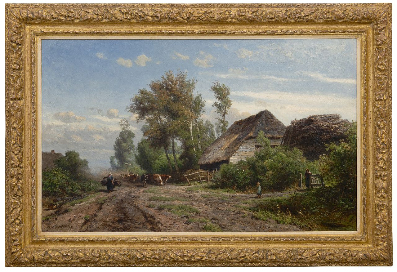 Borselen J.W. van | Jan Willem van Borselen | Gemälde zum Verkauf angeboten | Kühe mit Wächter am Bauernhof, Öl auf Leinwand 65,5 x 106,6 cm, Unterzeichnet l.u.