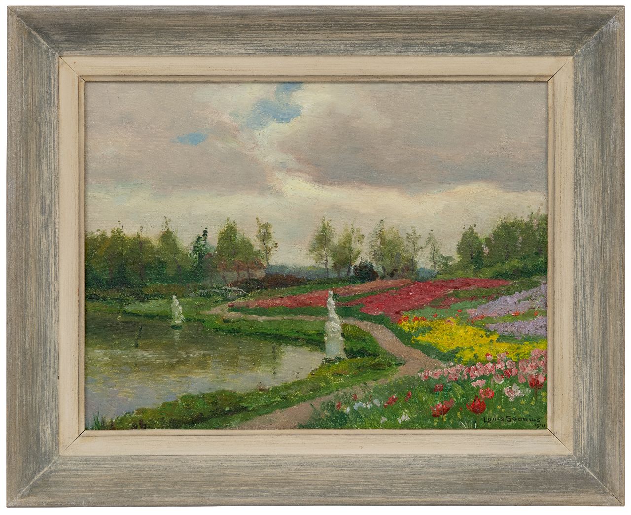 Soonius L.  | Lodewijk 'Louis' Soonius, Blumenfelder an einem Teich, Öl auf Leinwand 27,5 x 36,0 cm, Unterzeichnet u.r. und datiert 1941