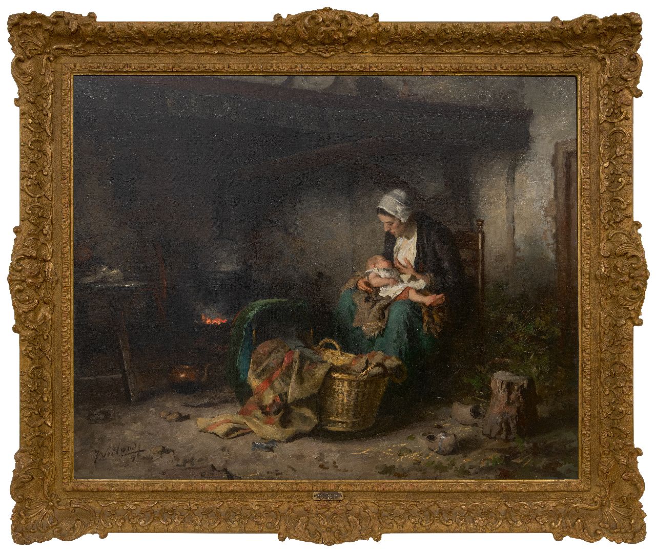 Weiland J.  | Johannes Weiland | Gemälde zum Verkauf angeboten | Bauernstube mit Mutter und Kind, Öl auf Leinwand 65,3 x 81,2 cm, Unterzeichnet u.l. und datiert '96